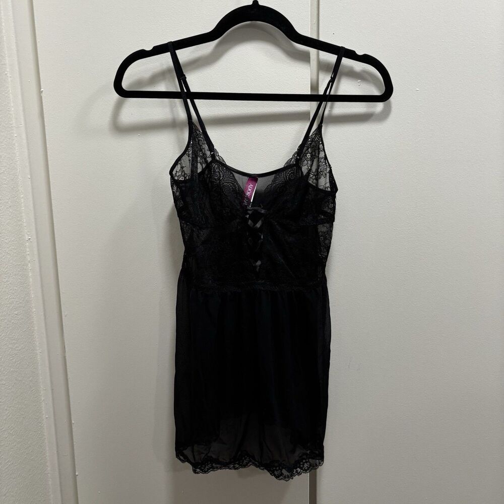 Adore Me Sz Medium Black Yolandi Lace Ribbon Babydoll Sheer Lingerie Top